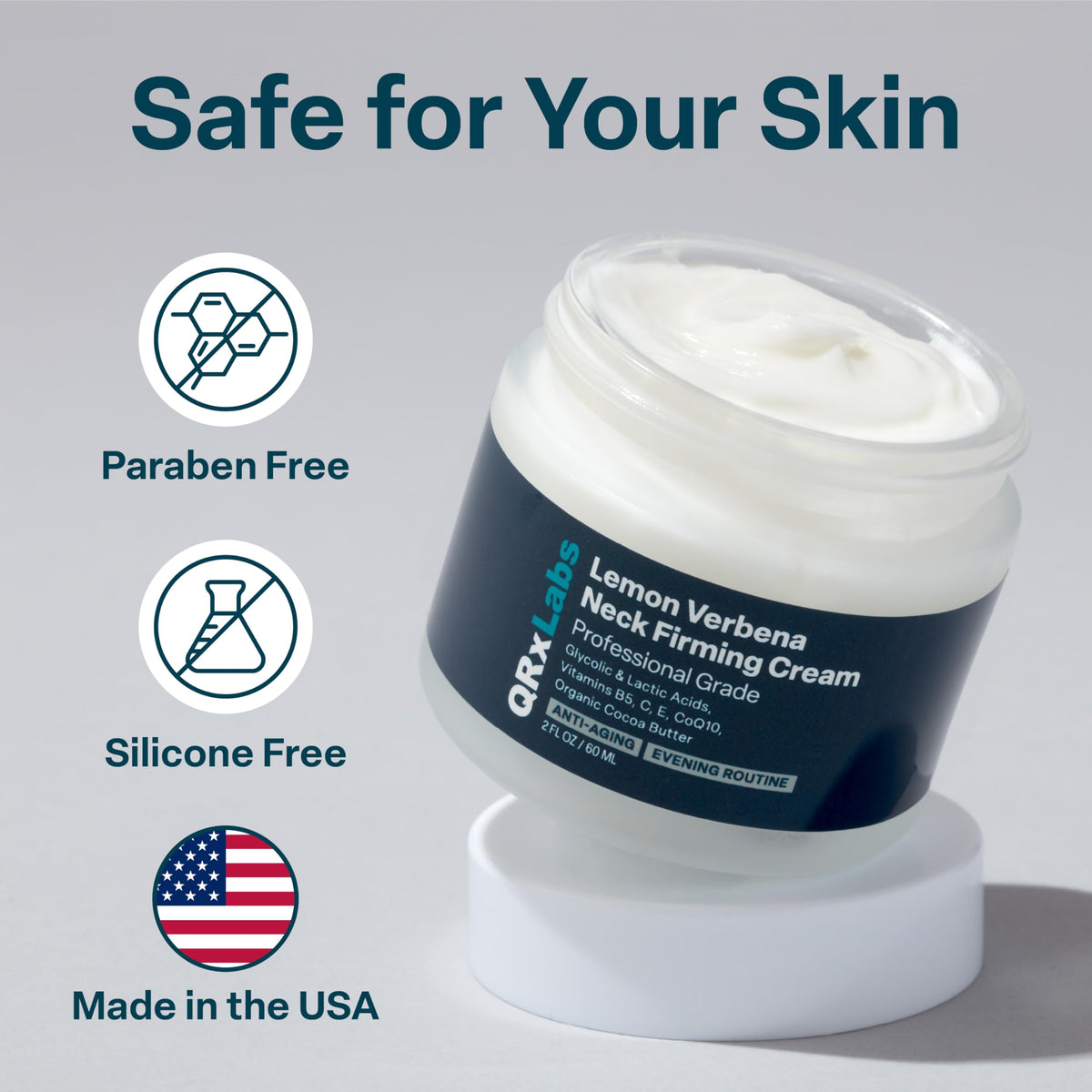 QRxLabs model applying cream to neck demonstrating targeted lifting and hydration