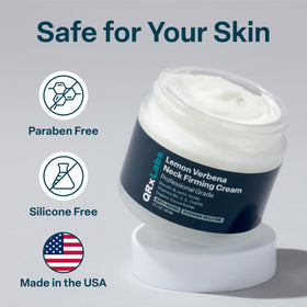QRxLabs model applying cream to neck demonstrating targeted lifting and hydration