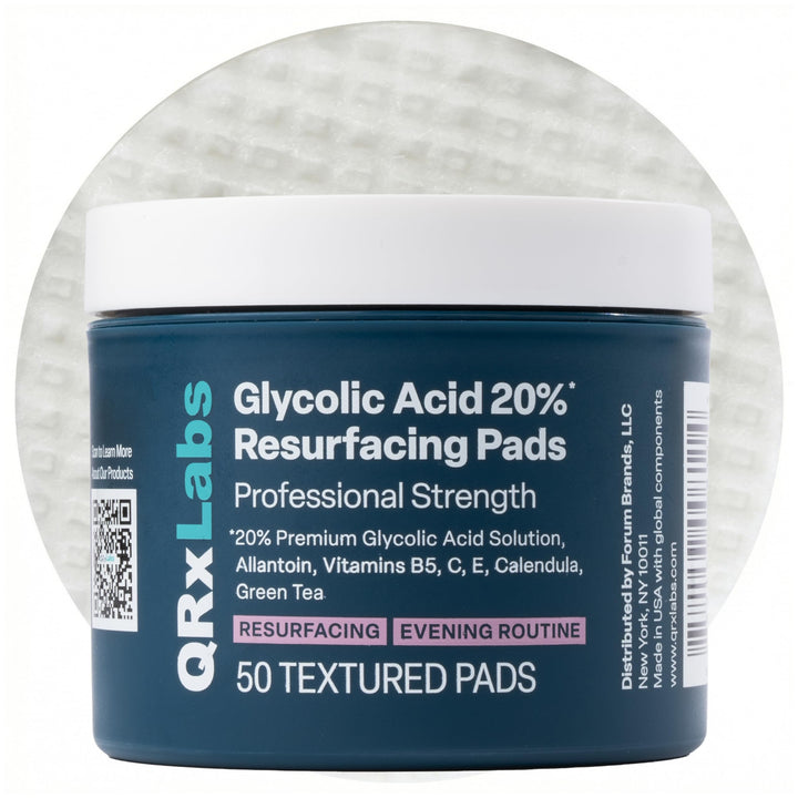 QRxLabs jar front packaging showing glycolic 20% pads for clear skin