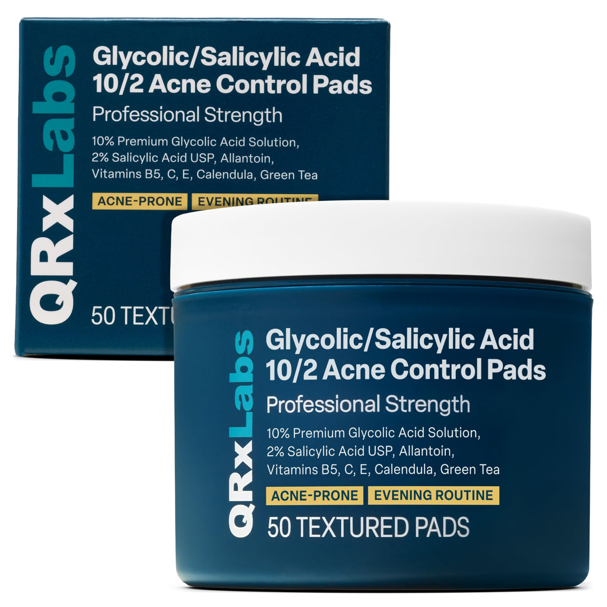 QRxLabs front packaging showing jar and 50 acne-clearing pads for quick use