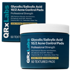 QRxLabs front packaging showing jar and 50 acne-clearing pads for quick use