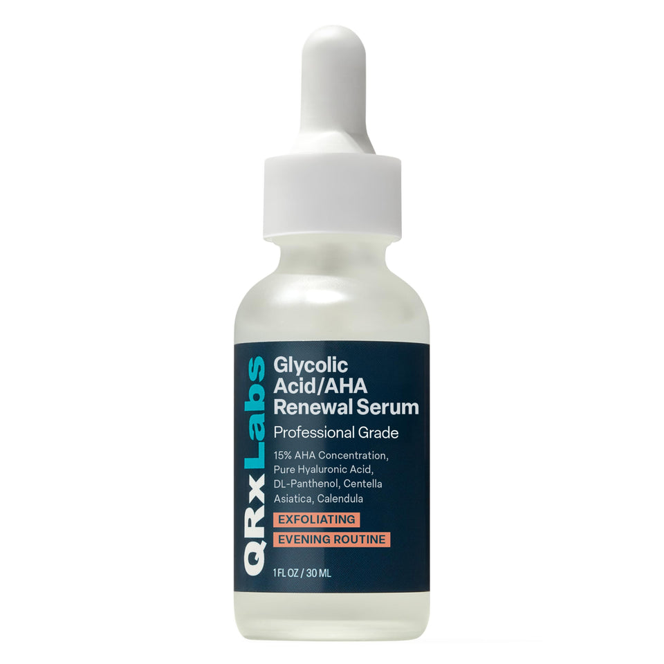 QRxLabs 15% glycolic acid serum front bottle view showing sleek packaging and potency benefit