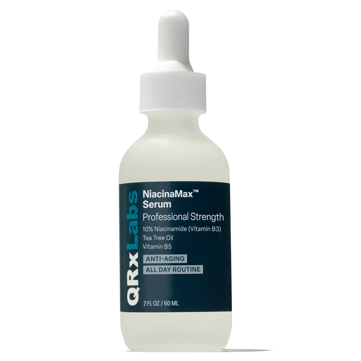 QRxLabs front bottle showing NiacinaMax 10% niacinamide and benefit clarity