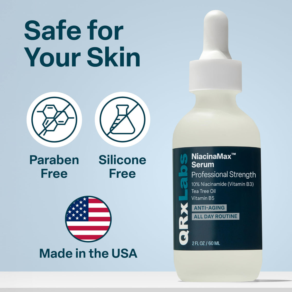 QRxLabs bottle in hand to show 2 oz size and travel-friendly benefit