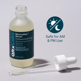 QRxLabs applying serum to cheek illustrating pore-refining and smoothing benefit
