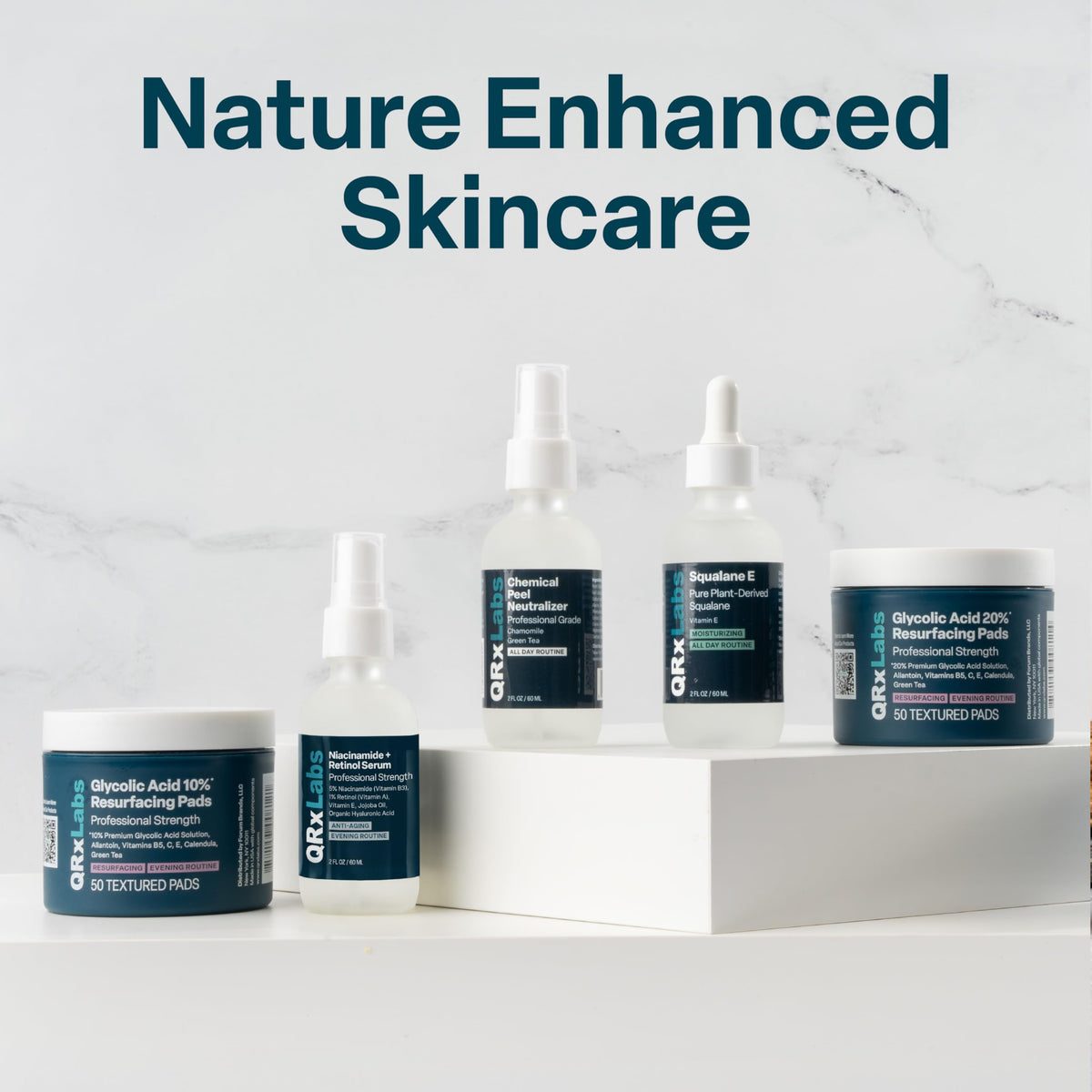 QRxLabs lifestyle shot on nightstand suggesting daily skincare routine convenience