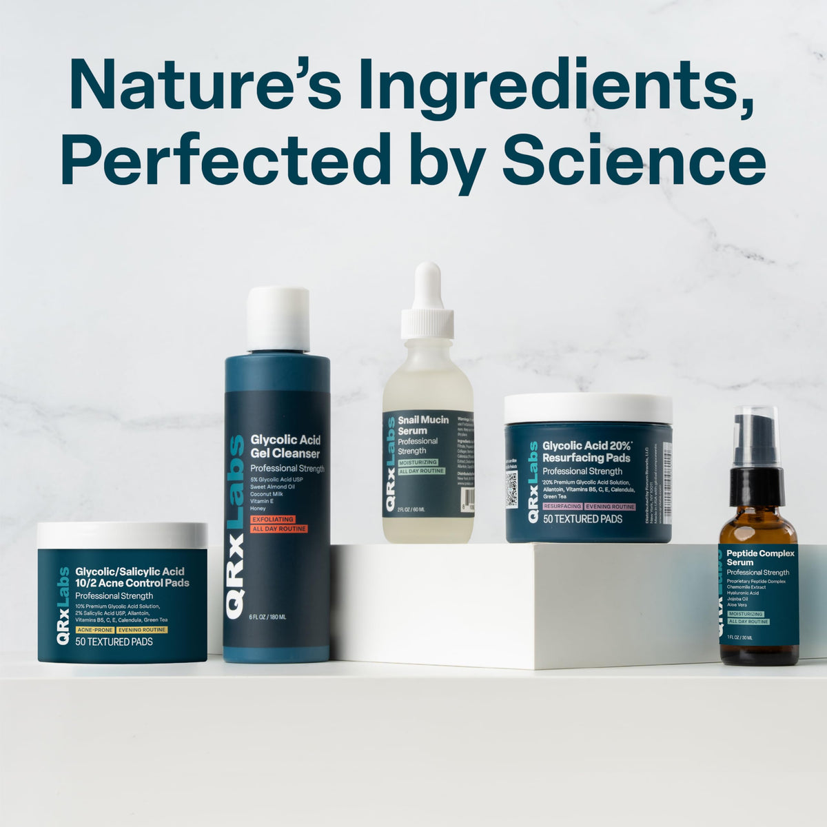 QRxLabs squalane oil on bathroom counter with towel, depicting everyday skincare routine convenience