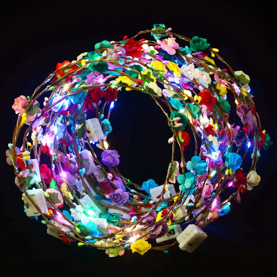 QSJQAMG front view of packaged LED flower crown set showing quantity and style, ideal for events