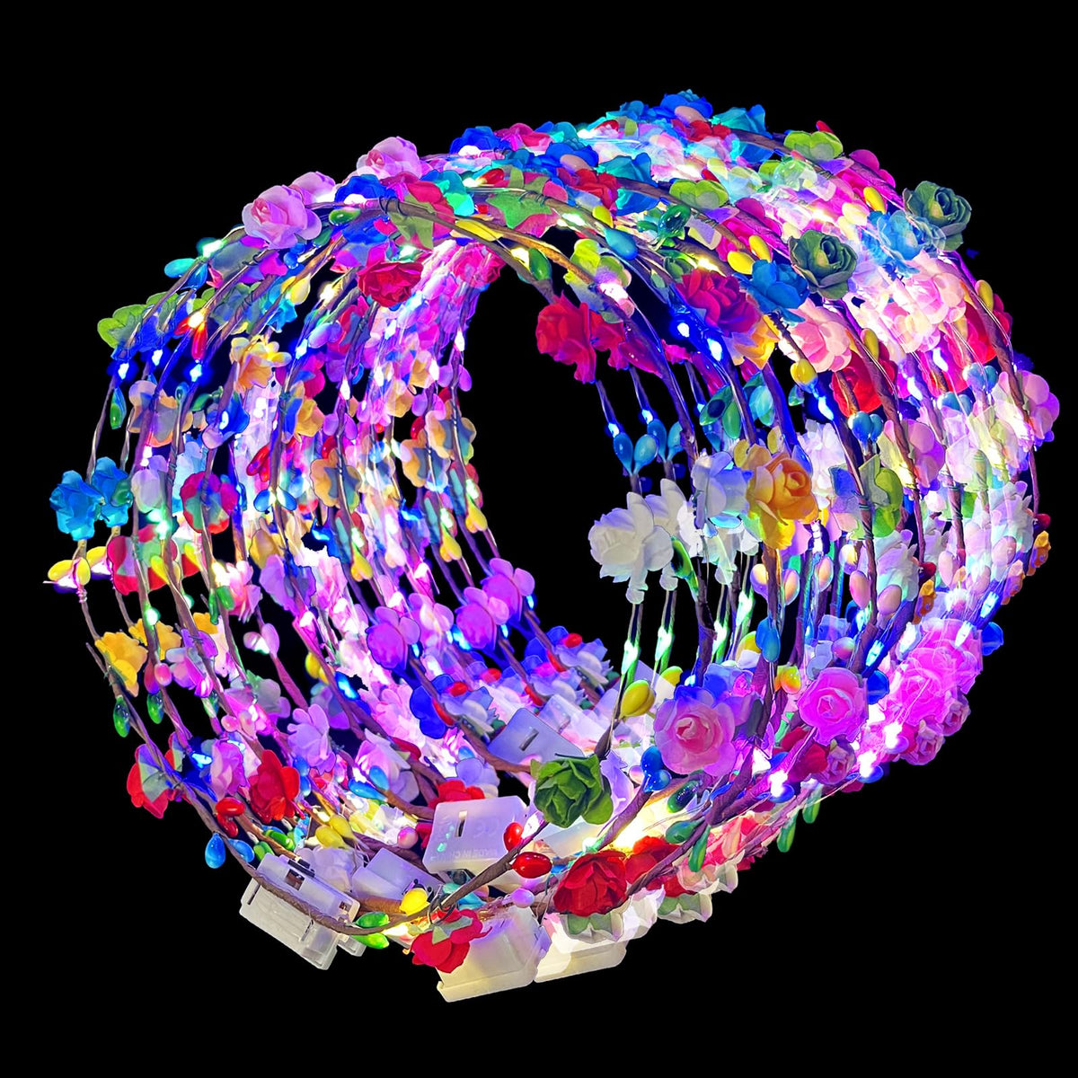QSJQllo front view of 50-piece flower crown pack showing uniform styling and quantity benefit