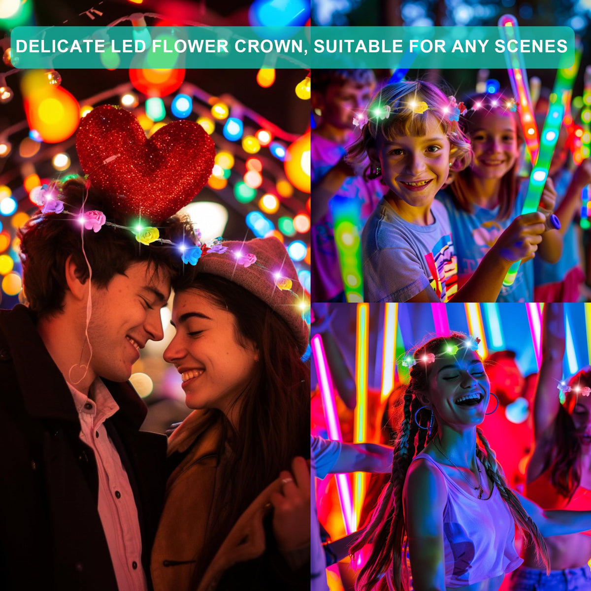 QSJQllo crowns glowing at night on party guests, improving visibility and festive atmosphere