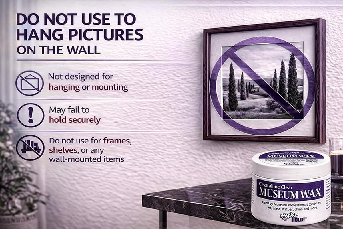 Quakehold! wax protecting collectibles on a living room display shelf