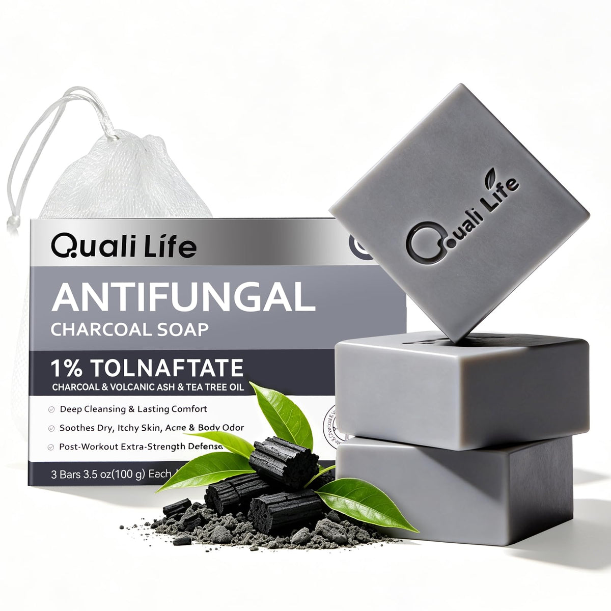 QualiLife front packaging showing three medicated antifungal bars and benefits