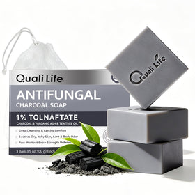 QualiLife front packaging showing three medicated antifungal bars and benefits
