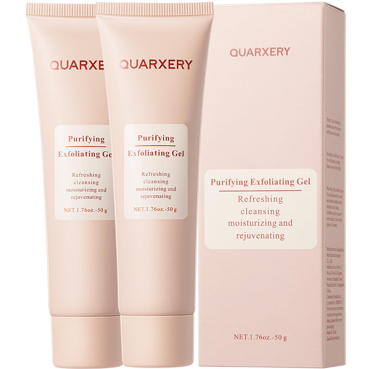 QUARXERY front packaging showing two compact exfoliating gel tubes and travel-ready benefits