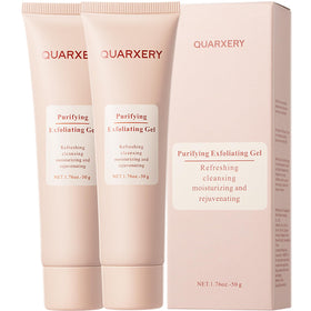 QUARXERY front packaging showing two compact exfoliating gel tubes and travel-ready benefits