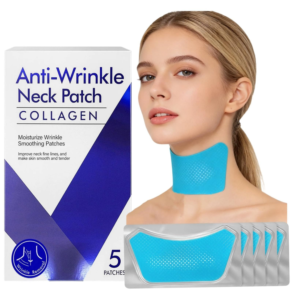 QUOBO front packaging showing 5 neck wrinkle patches and product benefits