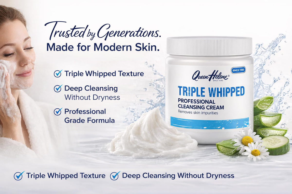 Queen Helene cream being massaged into face for gentle cleansing