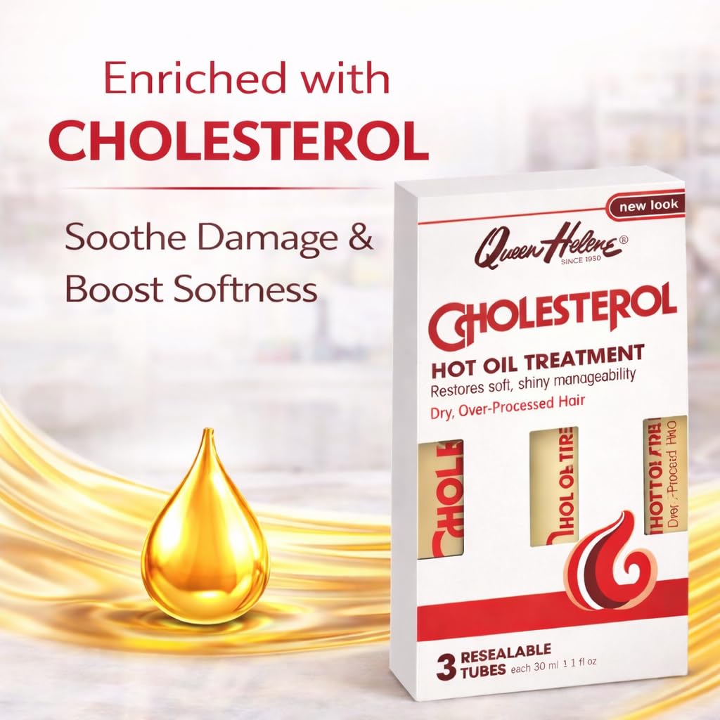 Queen Helene tube close-up label detailing cholesterol hot oil benefits