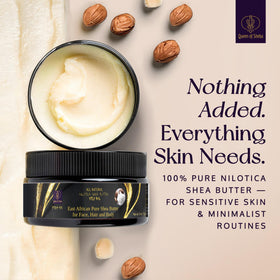 Queen of Shea being warmed in hands for quick-absorbing hydration and comfort