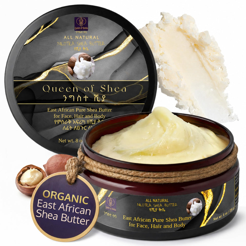 Queen of Shea front packaging showing organic 4oz jar and clean label benefits