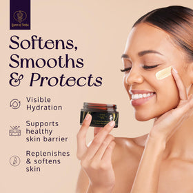 Queen of Shea applied to hair ends to smooth frizz and add moisture