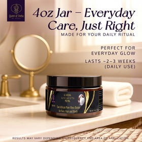 Queen of Shea jar staged on nightstand indicating everyday skincare routine use