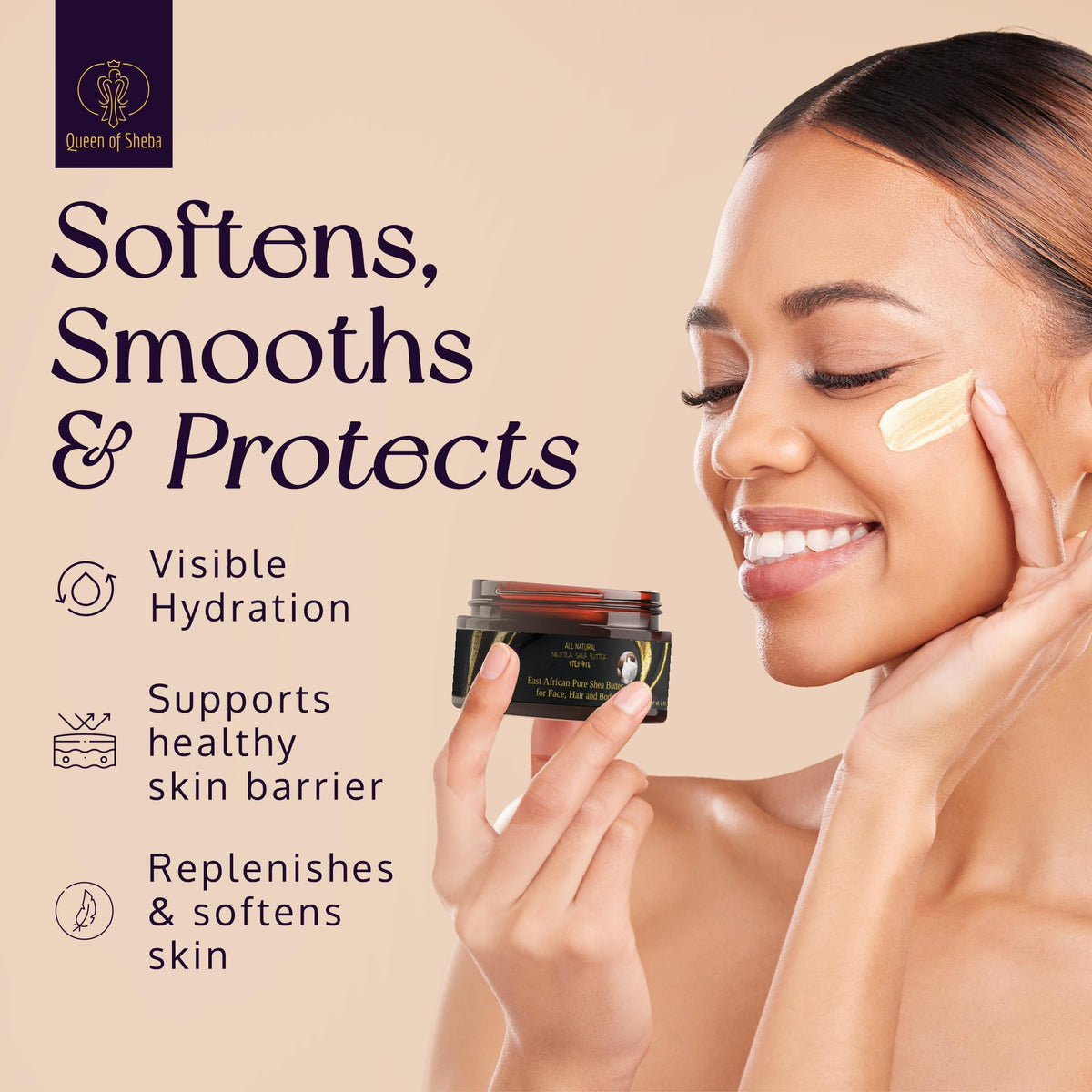 Queen of Shea being massaged into hair ends to show frizz control and moisture retention benefits