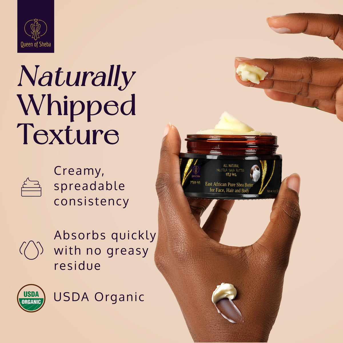 Queen of Shea 4 ounce jar next to hand to show compact travel-friendly size