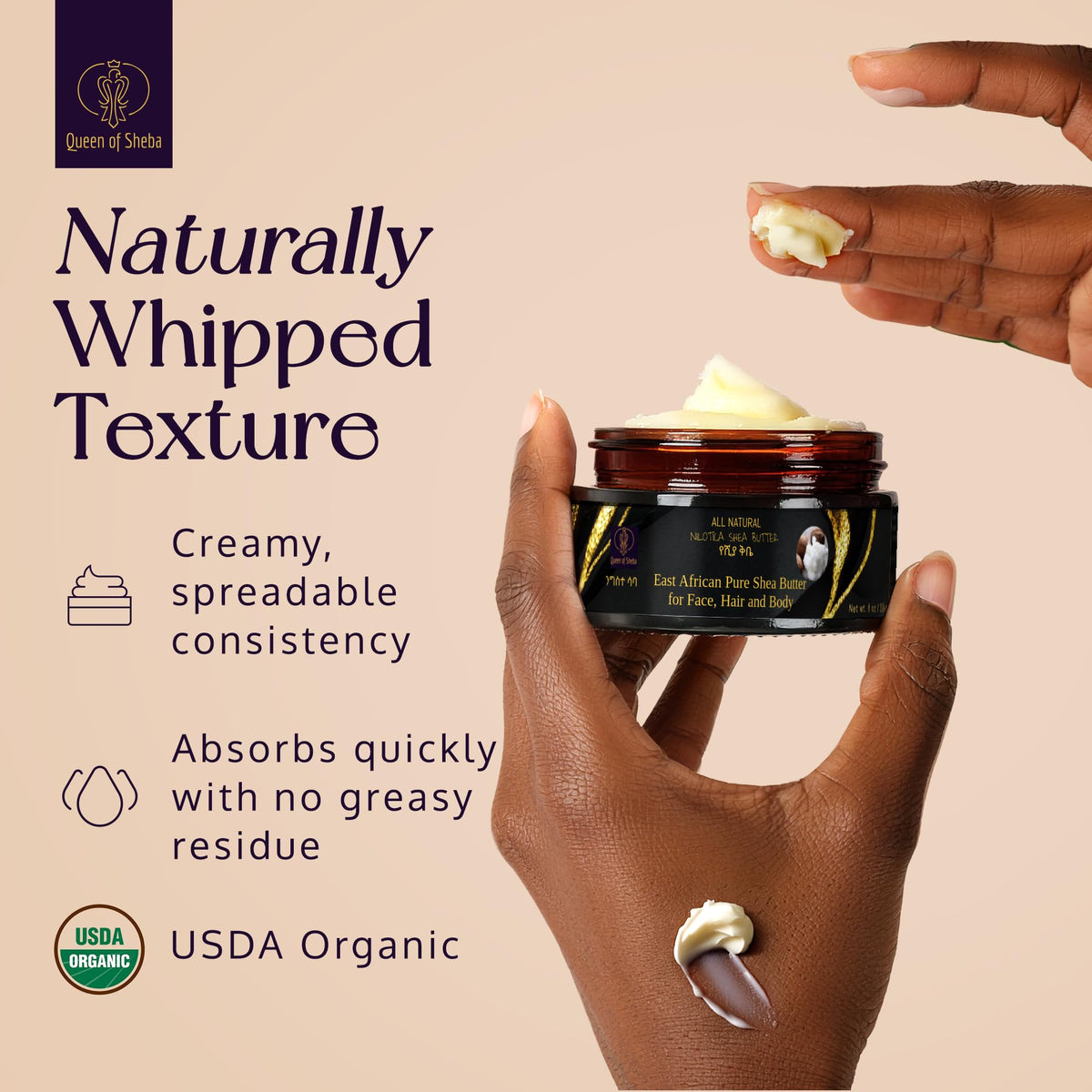Queen of Shea jar beside a hand for scale, clarifies 8 ounce size and travel-friendly convenience