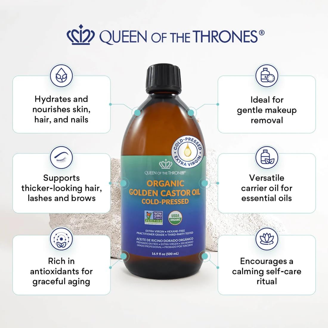 QUEEN OF THE THRONES close-up of amber glass highlighting light protection benefit