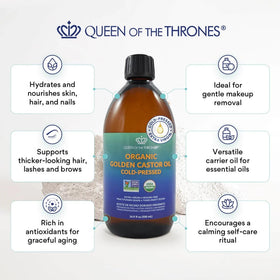 QUEEN OF THE THRONES close-up of amber glass highlighting light protection benefit