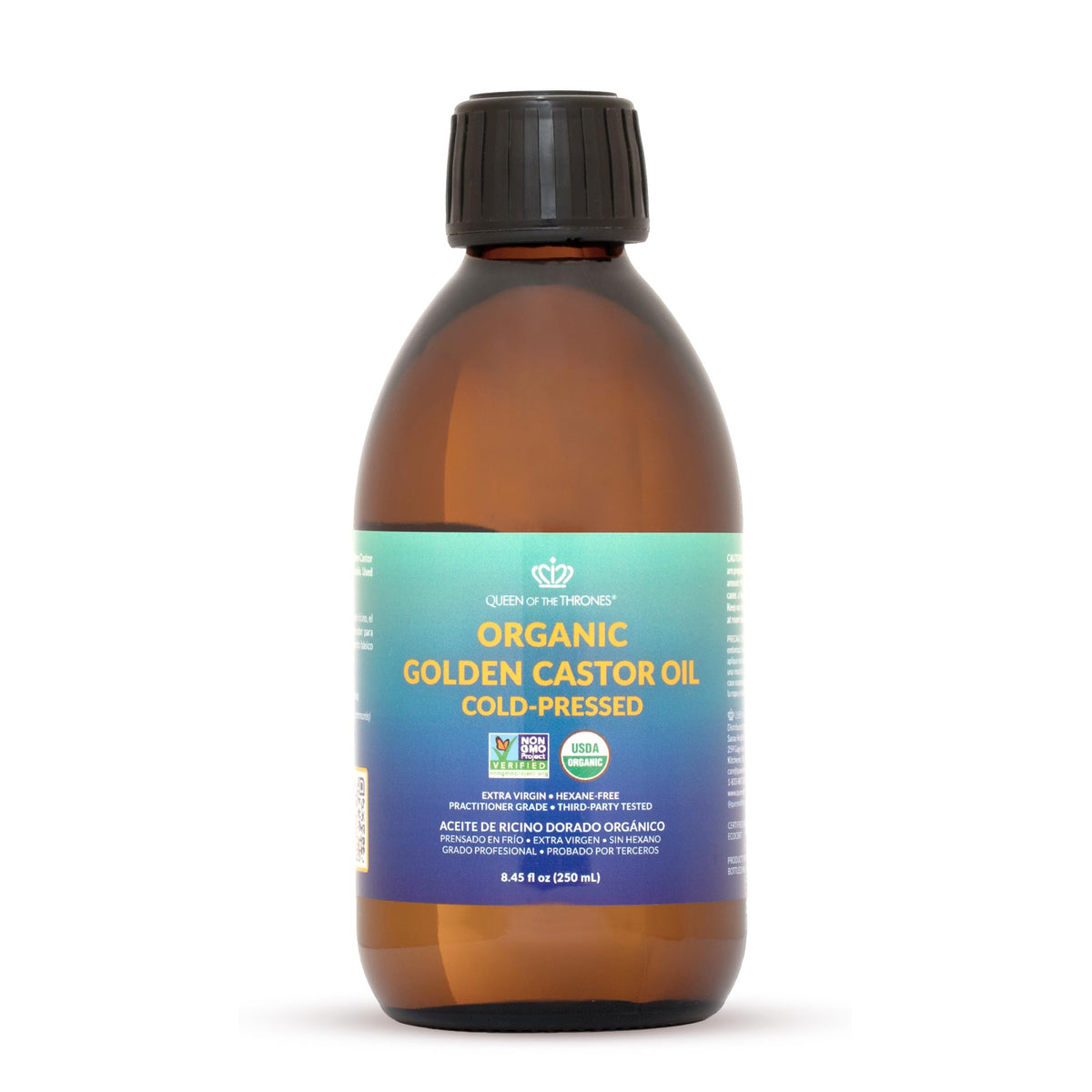 QUEEN OF THE THRONES front bottle view showing pure castor oil protection