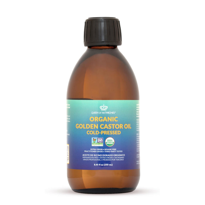 QUEEN OF THE THRONES front bottle view showing pure castor oil protection