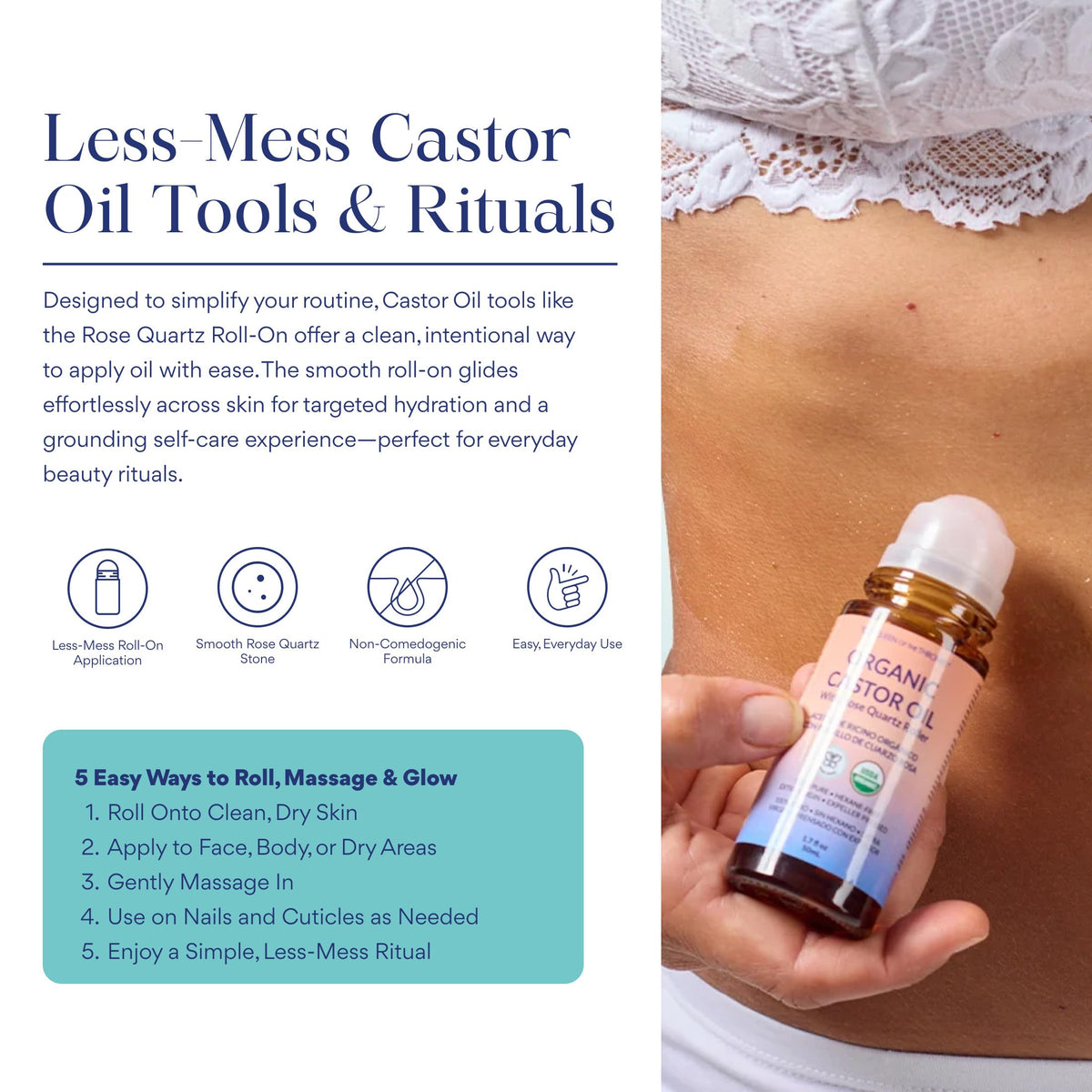QUEEN OF THE THRONES with castor oil pack setup illustrating low‑mess rolling before applying pack