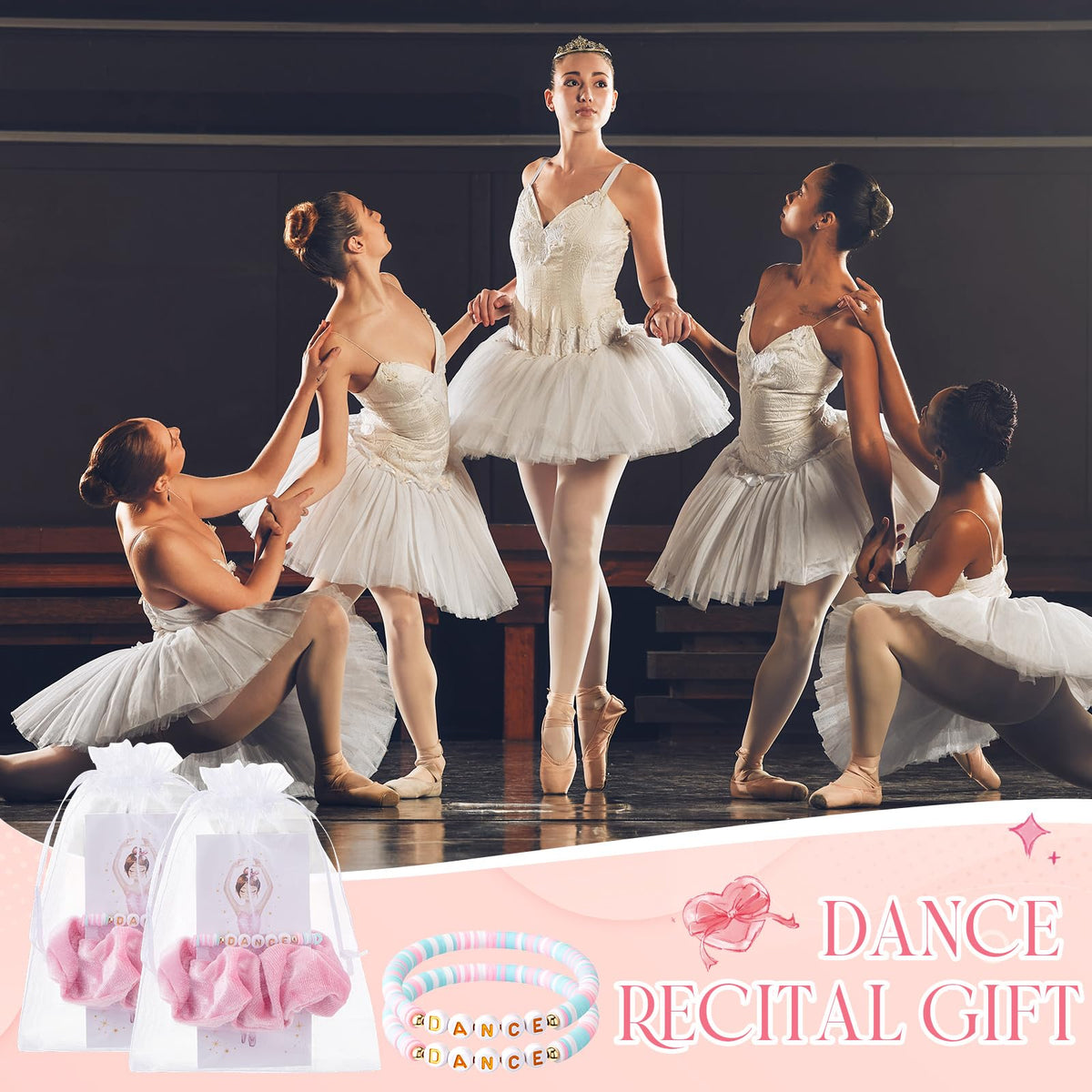 Quelay recital lifestyle display on stage edge demonstrating coordinated favors for teams