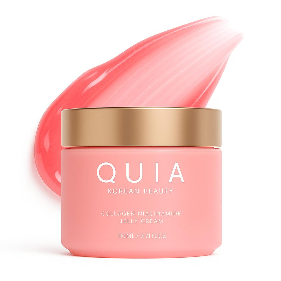 QUIA Beauty front jar showing product name and sleek packaging benefit display