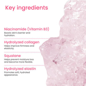 QUIA Beauty ingredient label close-up highlighting niacinamide and peptides benefits