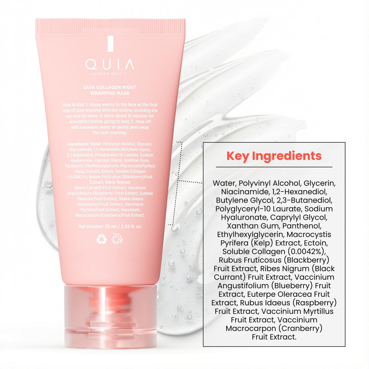 QUIA packaging and box flatlay emphasising vegan, fragrance-free formula