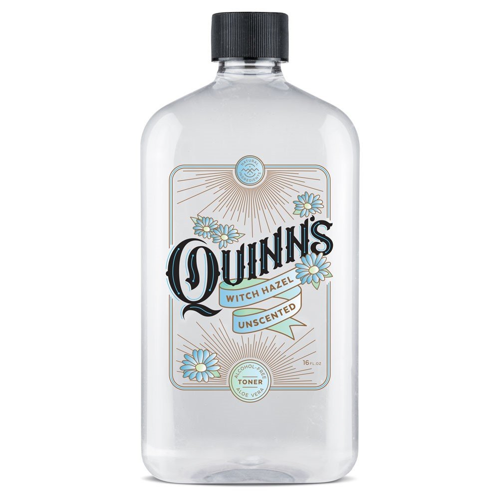 Quinn's bottle front view showing unscented toner and benefits