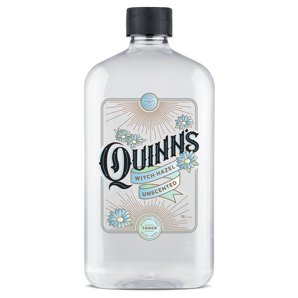 Quinn's bottle front view showing unscented toner and benefits