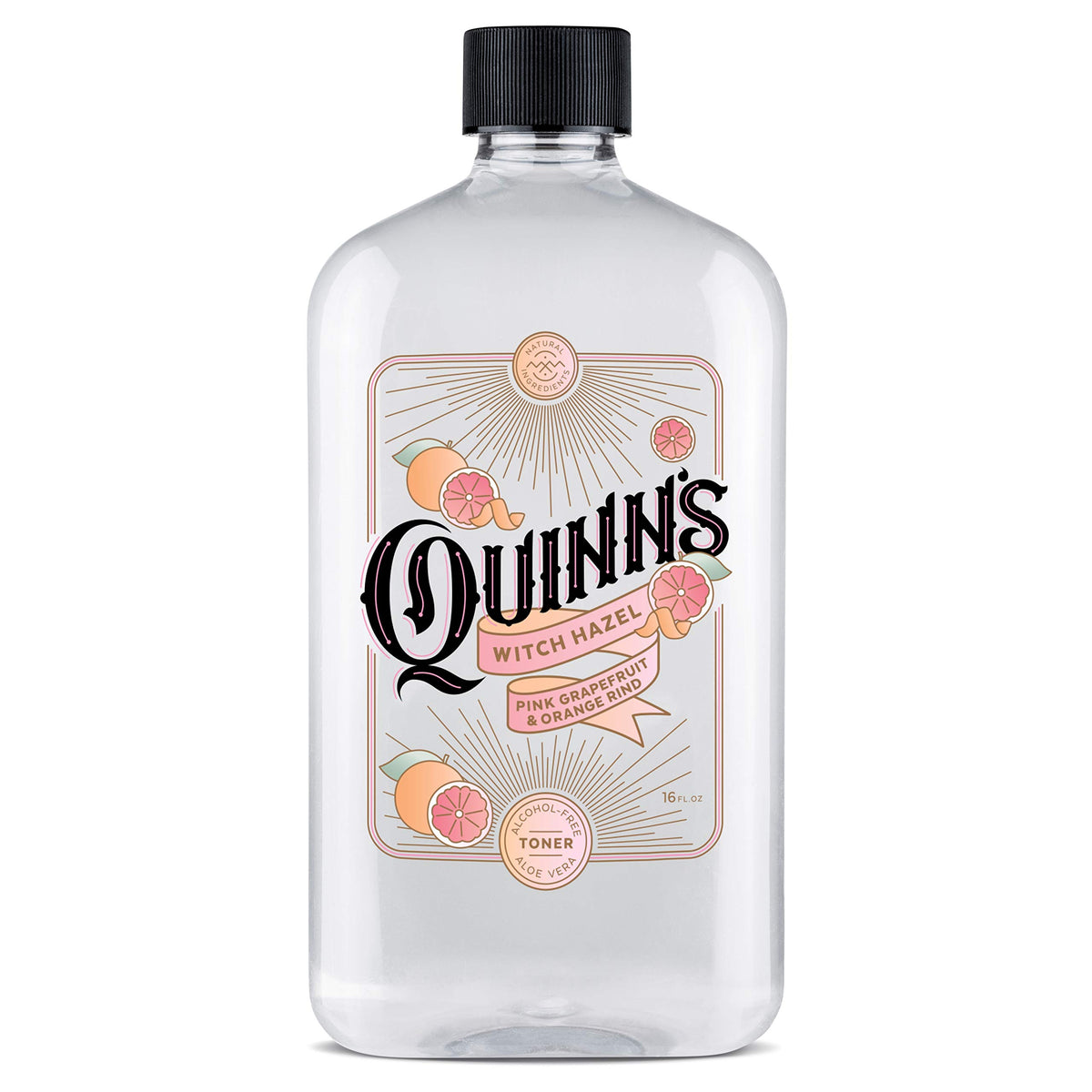 Quinn's front label on 16 oz bottle showing product name and scent, clear and appealing