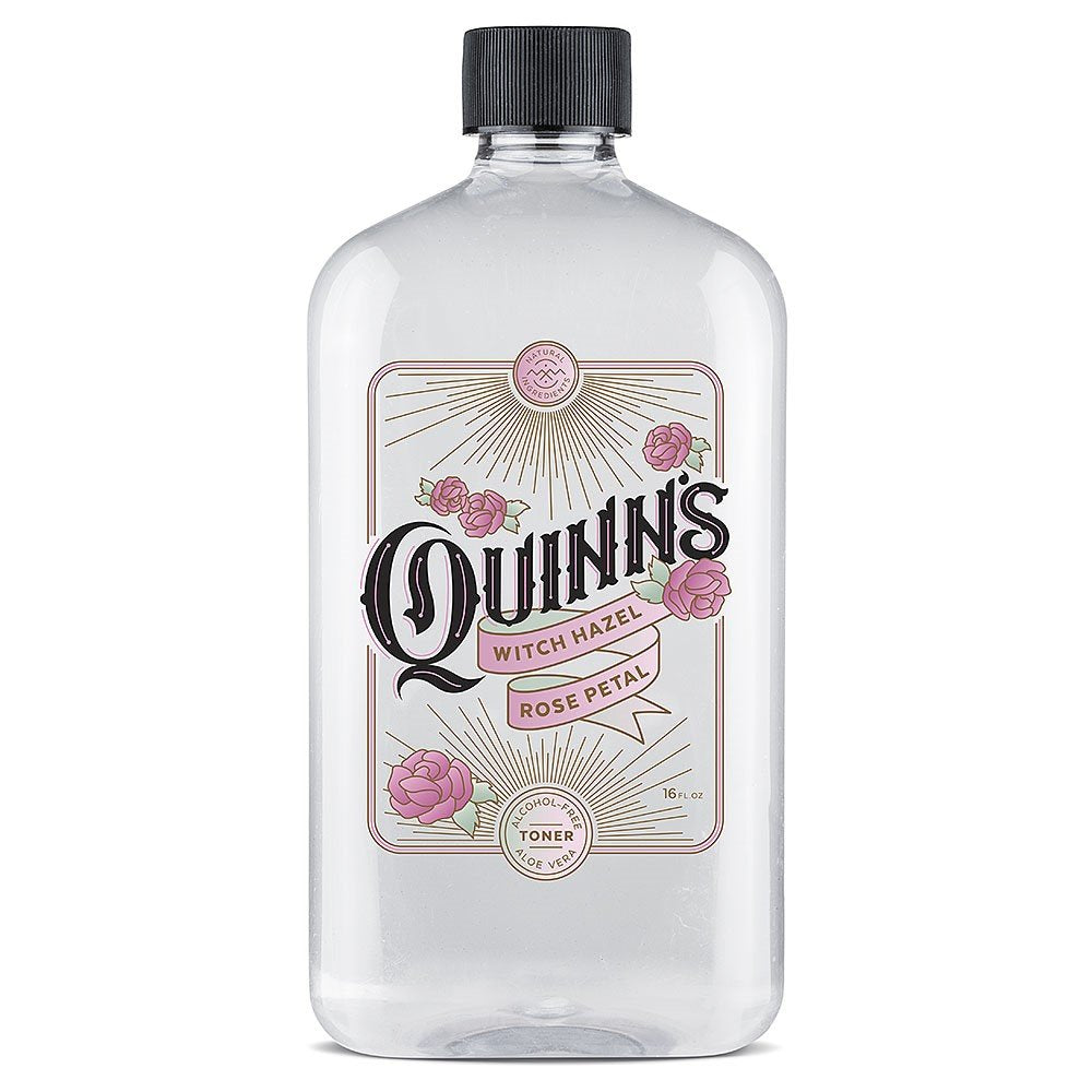 Quinn’s front packaging showing rose toner bottle and clear benefits