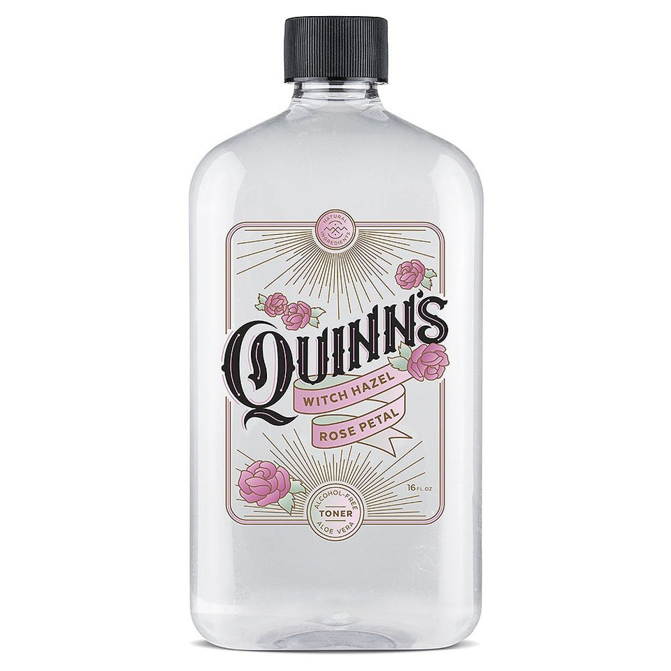 Quinn’s front packaging showing rose toner bottle and clear benefits