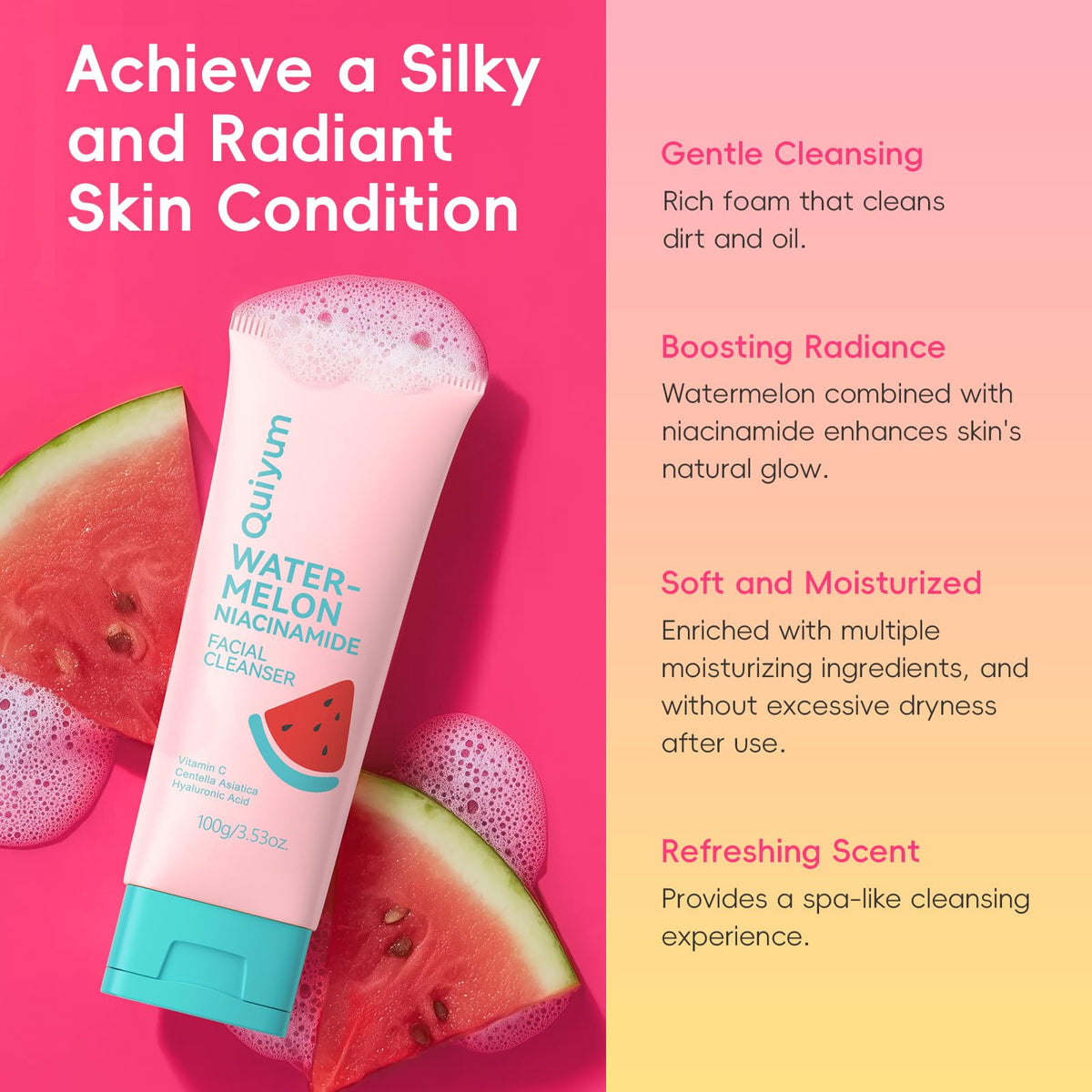 QUIYUM cleanser close-up texture showing gentle foam and hydration