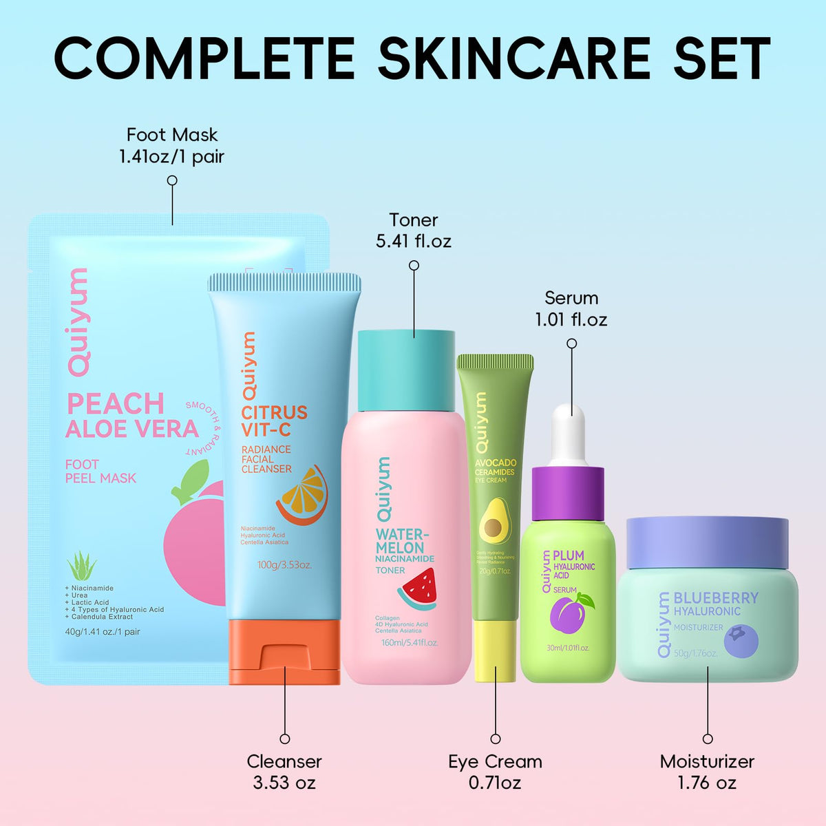 QUIYUM facial products lined up to show the 5-step routine for easy use