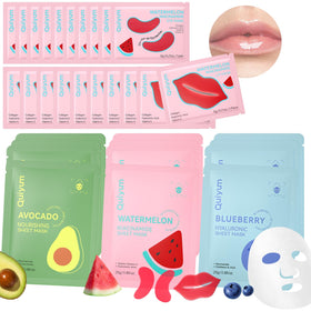 QUIYUM front packaging showing full 32pc fruit mask set and benefits