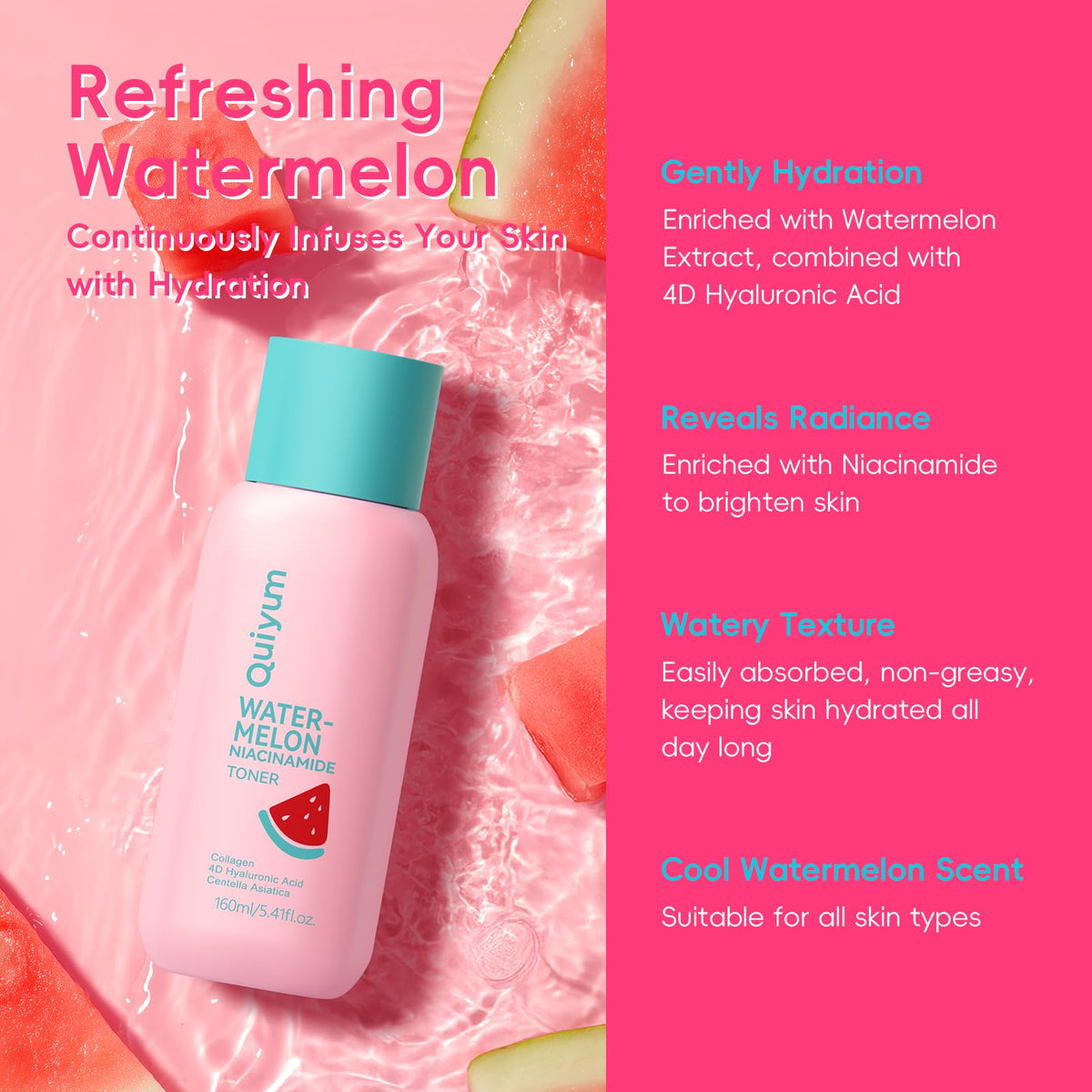 QUIYUM toner pouring from bottle demonstrating refreshing application