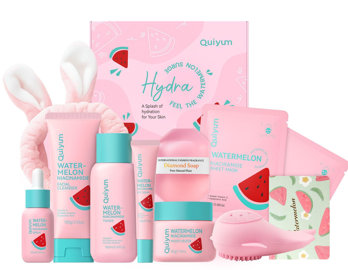 QUIYUM full watermelon skincare kit front packaging showing all eight items and gift-ready box