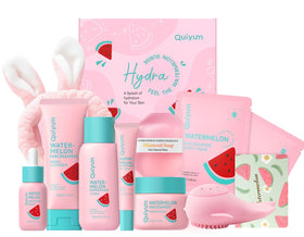 QUIYUM full watermelon skincare kit front packaging showing all eight items and gift-ready box