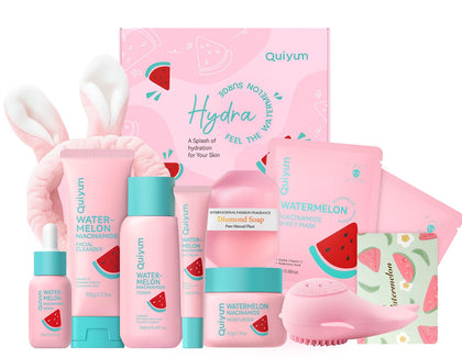 QUIYUM full watermelon skincare kit front packaging showing all eight items and gift-ready box